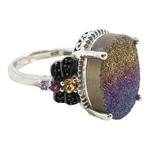 925 Silver Ring Rainbow Druzy Quartz Size 7 STS Chuck Clemency Boho Whimsigoth